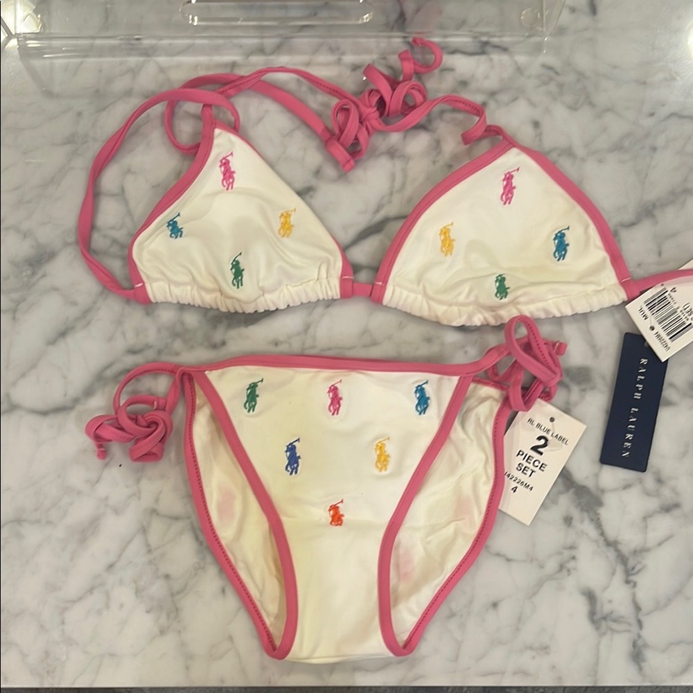 Ralph Lauren White Bikini with Pink Trim and Colorful Embroidery